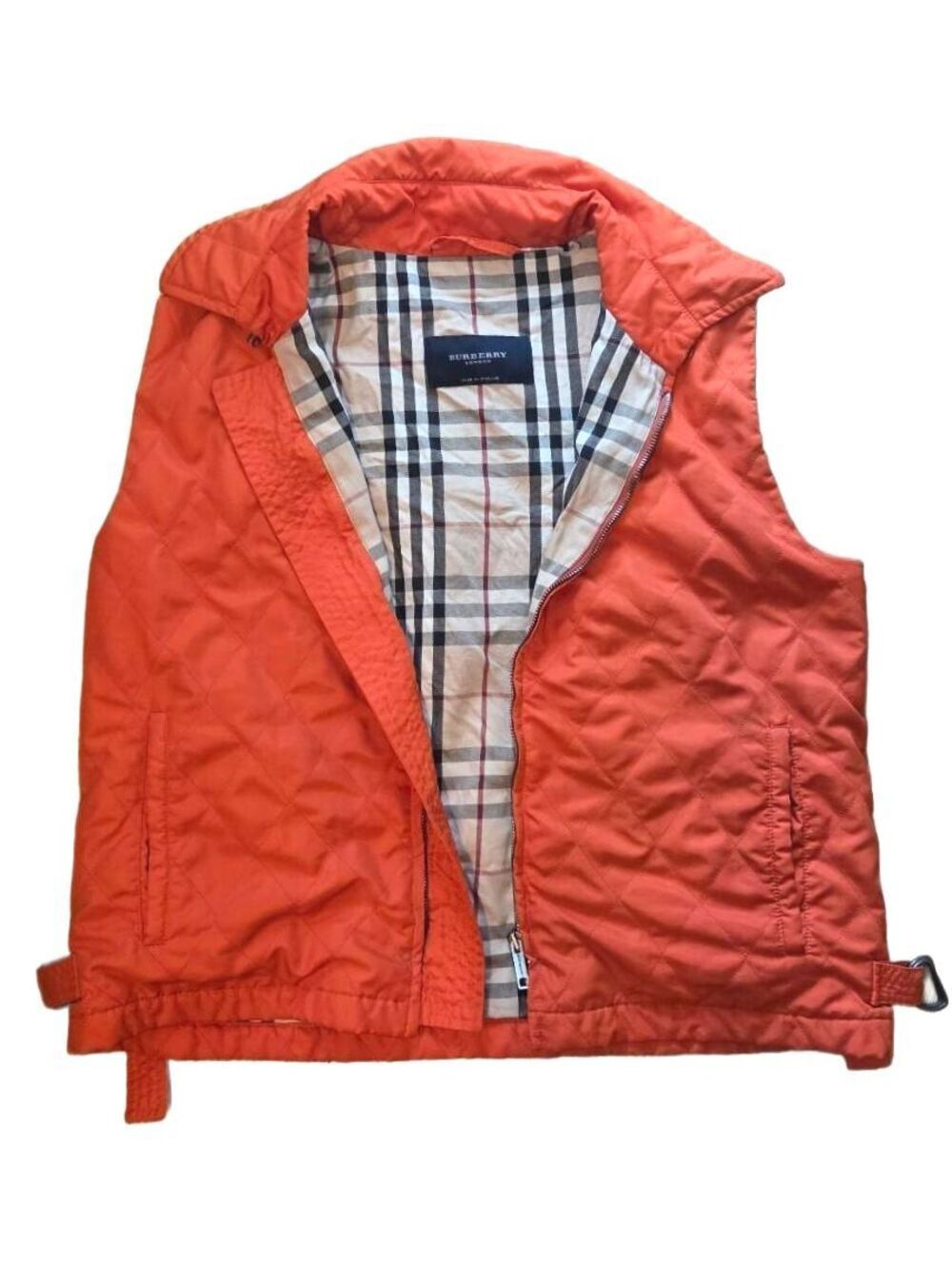 Vintage Burberry London Quilted Orange Vest with Classic Check Lining